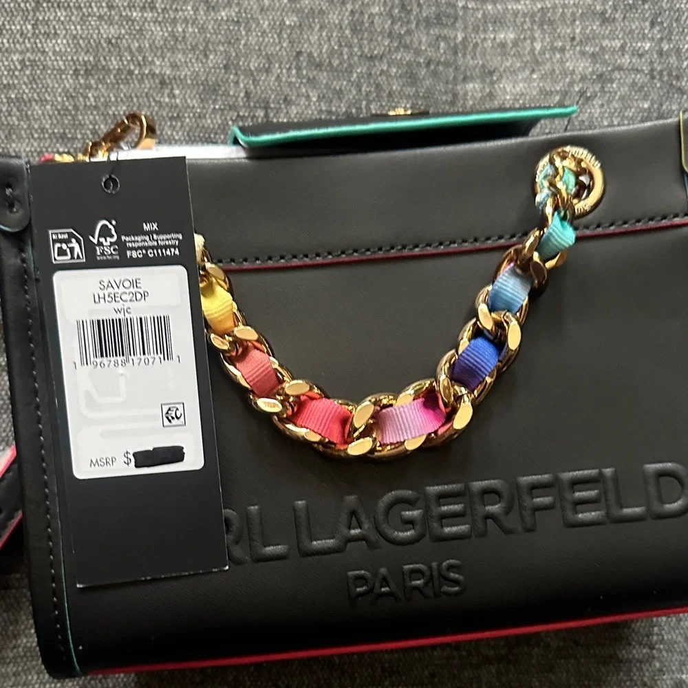 Karl Lagerfeld Black Crossbody with Rainbow-Trim Gold Chain SAVOIE - Picture 3 of 6